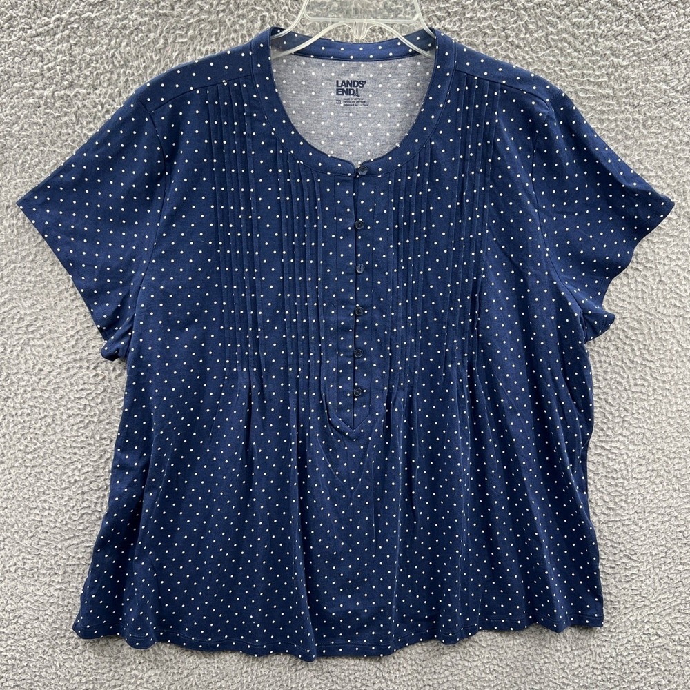 Lands End Womens Top XXL Navy Polka Dot Button Front‎ Casual Everyday Soft